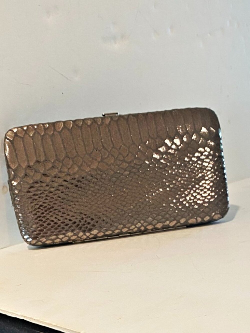 RING-A-LING Evening Clutch Minauderie Gunmetal Pewter Faux Snakeskin Card Slot I